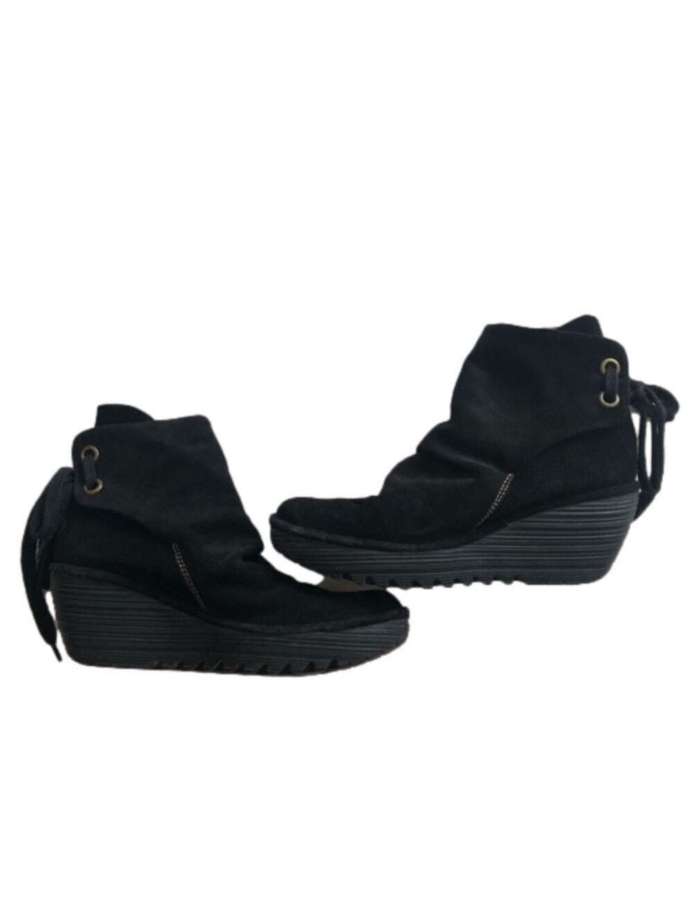 Fly London Size 40(9) Yama wedge heel ankle bootie. Black suede gripper tread